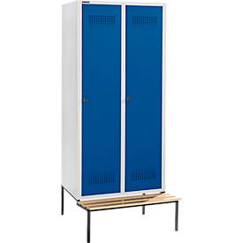 Schäfer Shop Genius Kleiderspind mit Sitzbank, 2 Abteile, 400 mm Abteilbreite, Sicherheitsdrehriegelverschluss, lichtgrau/enzianblau