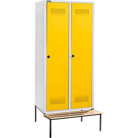 Schäfer Shop Genius Kleiderspind mit Sitzbank, 2 Abteile, 400 mm Abteilbreite, Sicherheitsdrehriegelverschluss, lichtgrau/gelb