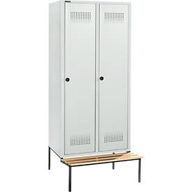 Schäfer Shop Genius Kleiderspind mit Sitzbank, 2 Abteile, 400 mm Abteilbreite, Sicherheitsdrehriegelverschluss, lichtgrau/lichtgrau