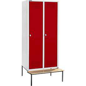 Schäfer Shop Genius Kleiderspind mit Sitzbank, 2 Abteile, 400 mm Abteilbreite, Sicherheitsdrehriegelverschluss, lichtgrau/rubinrot