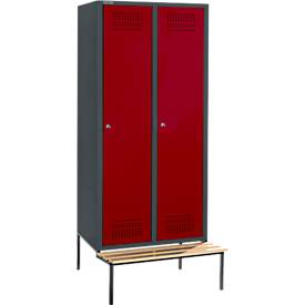 Schäfer Shop Genius Kleiderspind mit Sitzbank, 2 Abteile, 400 mm Abteilbreite, Zylinderschloss, anthrazit/rubinrot