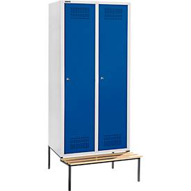 Schäfer Shop Genius Kleiderspind mit Sitzbank, 2 Abteile, 400 mm Abteilbreite, Zylinderschloss, lichtgrau/enzianblau