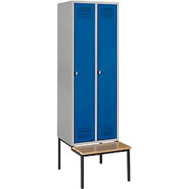 Schäfer Shop Genius Kleiderspind mit Sitzbank, 2 Abteile, Sicherheitsdrehriegelverschluss, weißaluminium/enzianblau