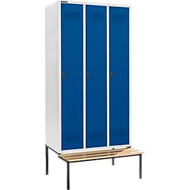 Schäfer Shop Genius Kleiderspind mit Sitzbank, 3 Abteile, 300 mm Abteilbreite, Sicherheitsdrehriegelverschluss, lichtgrau/enzianblau