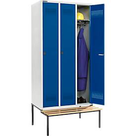 Schäfer Shop Genius Kleiderspind mit Sitzbank, 3 Abteile, 300 mm Abteilbreite, Sicherheitsdrehriegelverschluss, lichtgrau/enzianblau