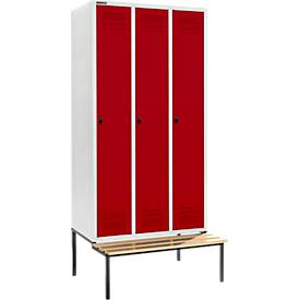 Schäfer Shop Genius Kleiderspind mit Sitzbank, 3 Abteile, 300 mm Abteilbreite, Sicherheitsdrehriegelverschluss, lichtgrau/rubinrot