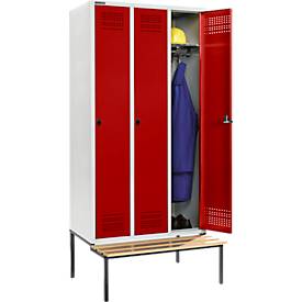 Schäfer Shop Genius Kleiderspind mit Sitzbank, 3 Abteile, 300 mm Abteilbreite, Sicherheitsdrehriegelverschluss, lichtgrau/rubinrot