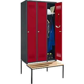 Schäfer Shop Genius Kleiderspind mit Sitzbank, 3 Abteile, 300 mm Abteilbreite, Zylinderschloss, anthrazit/rubinrot