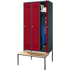 Schäfer Shop Genius Kleiderspind mit Sitzbank, 3 Abteile, 300 mm Abteilbreite, Zylinderschloss, anthrazit/rubinrot