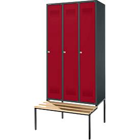 Schäfer Shop Genius Kleiderspind mit Sitzbank, 3 Abteile, 300 mm Abteilbreite, Zylinderschloss, anthrazit/rubinrot