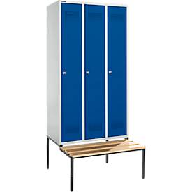 Schäfer Shop Genius Kleiderspind mit Sitzbank, 3 Abteile, 300 mm Abteilbreite, Zylinderschloss, lichtgrau/enzianblau