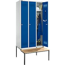 Schäfer Shop Genius Kleiderspind mit Sitzbank, 3 Abteile, 300 mm Abteilbreite, Zylinderschloss, lichtgrau/enzianblau