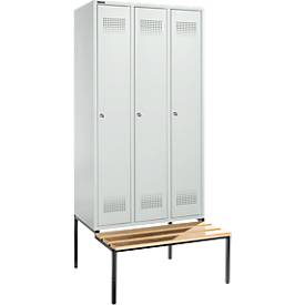 Schäfer Shop Genius Kleiderspind mit Sitzbank, 3 Abteile, 300 mm Abteilbreite, Zylinderschloss, lichtgrau/lichtgrau