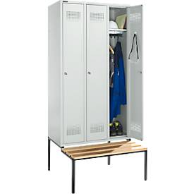 Schäfer Shop Genius Kleiderspind mit Sitzbank, 3 Abteile, 300 mm Abteilbreite, Zylinderschloss, lichtgrau/lichtgrau