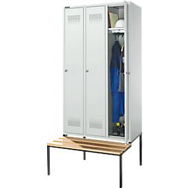 Schäfer Shop Genius Kleiderspind mit Sitzbank, 3 Abteile, 300 mm Abteilbreite, Zylinderschloss, lichtgrau/lichtgrau