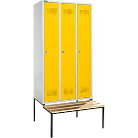 Schäfer Shop Genius Kleiderspind mit Sitzbank, 3 Abteile, 300 mm Abteilbreite, Zylinderschloss, lichtgrau/rapsgelb
