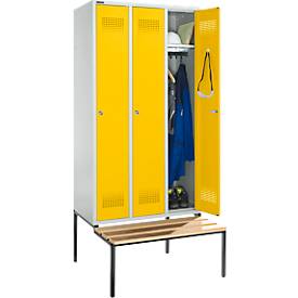 Schäfer Shop Genius Kleiderspind mit Sitzbank, 3 Abteile, 300 mm Abteilbreite, Zylinderschloss, lichtgrau/rapsgelb