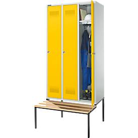 Schäfer Shop Genius Kleiderspind mit Sitzbank, 3 Abteile, 300 mm Abteilbreite, Zylinderschloss, lichtgrau/rapsgelb