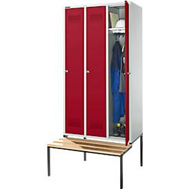 Schäfer Shop Genius Kleiderspind mit Sitzbank, 3 Abteile, 300 mm Abteilbreite, Zylinderschloss, lichtgrau/rubinrot