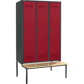 Schäfer Shop Genius Kleiderspind mit Sitzbank, 3 Abteile, 400 mm Abteilbreite, Sicherheitsdrehriegelverschluss, anthrazit/rubinrot