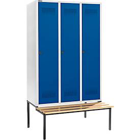 Schäfer Shop Genius Kleiderspind mit Sitzbank, 3 Abteile, 400 mm Abteilbreite, Sicherheitsdrehriegelverschluss, lichtgrau/enzianblau