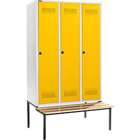 Schäfer Shop Genius Kleiderspind mit Sitzbank, 3 Abteile, 400 mm Abteilbreite, Sicherheitsdrehriegelverschluss, lichtgrau/rapsgelb