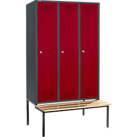 Schäfer Shop Genius Kleiderspind mit Sitzbank, 3 Abteile, 400 mm Abteilbreite, Zylinderschloss, anthrazit/rubinrot
