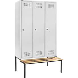 Schäfer Shop Genius Kleiderspind mit Sitzbank, 3 Abteile, 400 mm Abteilbreite, Zylinderschloss, lichtgrau/lichtgrau
