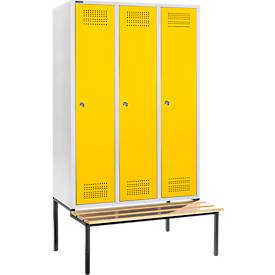 Schäfer Shop Genius Kleiderspind mit Sitzbank, 3 Abteile, 400 mm Abteilbreite, Zylinderschloss, lichtgrau/rapsgelb