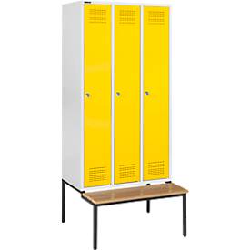 Schäfer Shop Genius Kleiderspind mit Sitzbank, 3 Abteile, Zylinderschloss, lichtgrau/gelb