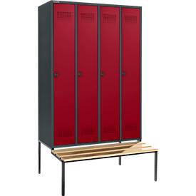 Schäfer Shop Genius Kleiderspind mit Sitzbank, 4 Abteile, 300 mm Abteilbreite, Sicherheitsdrehriegelverschluss, anthrazit/rubinrot