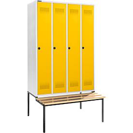 Schäfer Shop Genius Kleiderspind mit Sitzbank, 4 Abteile, 300 mm Abteilbreite, Sicherheitsdrehriegelverschluss, lichtgrau/gelb