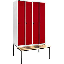 Schäfer Shop Genius Kleiderspind mit Sitzbank, 4 Abteile, 300 mm Abteilbreite, Sicherheitsdrehriegelverschluss, lichtgrau/rot