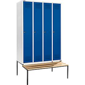 Schäfer Shop Genius Kleiderspind mit Sitzbank, 4 Abteile, 300 mm Abteilbreite, Zylinderschloss, lichtgrau/enzianblau