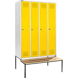 Schäfer Shop Genius Kleiderspind mit Sitzbank, 4 Abteile, 300 mm Abteilbreite, Zylinderschloss, lichtgrau/gelb