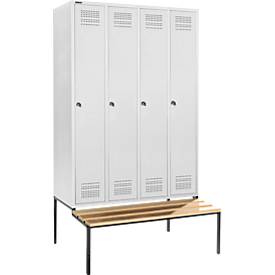 Schäfer Shop Genius Kleiderspind mit Sitzbank, 4 Abteile, 300 mm Abteilbreite, Zylinderschloss, lichtgrau/lichtgrau
