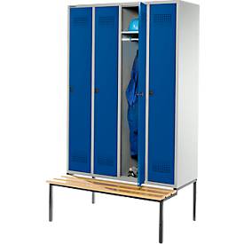 Schäfer Shop Genius Kleiderspind mit Sitzbank, 4 Abteile, Sicherheitsdrehriegelverschluss, lichtgrau/enzianblau