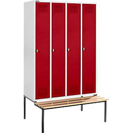 Schäfer Shop Genius Kleiderspind mit Sitzbank, 4 Abteile, Sicherheitsdrehriegelverschluss, lichtgrau/rot
