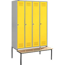 Schäfer Shop Genius Kleiderspind mit Sitzbank, 4 Abteile, Sicherheitsdrehriegelverschluss, weißaluminium/gelb