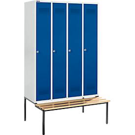 Schäfer Shop Genius Kleiderspind mit Sitzbank, 4 Abteile, Zylinderschloss, lichtgrau/enzianblau