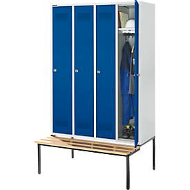 Schäfer Shop Genius Kleiderspind mit Sitzbank, 4 Abteile, Zylinderschloss, lichtgrau/enzianblau