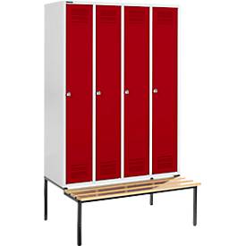 Schäfer Shop Genius Kleiderspind mit Sitzbank, 4 Abteile, Zylinderschloss, lichtgrau/rot
