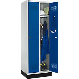 Schäfer Shop Genius Kleiderspind mit Sockel, 2 Abteile, 300 mm Abteilbreite, Sicherheitsdrehriegelverschluss, lichtgrau/enzianblau