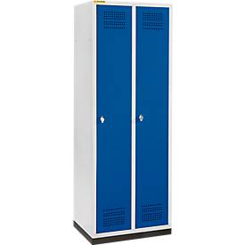 Schäfer Shop Genius Kleiderspind mit Sockel, 2 Abteile, 300 mm Abteilbreite, Sicherheitsdrehriegelverschluss, lichtgrau/enzianblau