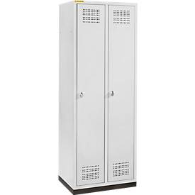 Schäfer Shop Genius Kleiderspind mit Sockel, 2 Abteile, 300 mm Abteilbreite, Sicherheitsdrehriegelverschluss, lichtgrau/lichtgrau