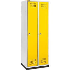 Schäfer Shop Genius Kleiderspind mit Sockel, 2 Abteile, 300 mm Abteilbreite, Sicherheitsdrehriegelverschluss, lichtgrau/rapsgelb