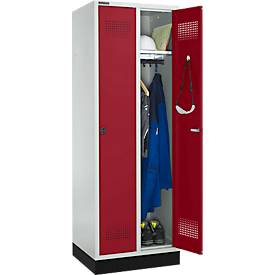 Schäfer Shop Genius Kleiderspind mit Sockel, 2 Abteile, 300 mm Abteilbreite, Sicherheitsdrehriegelverschluss, lichtgrau/rubinrot