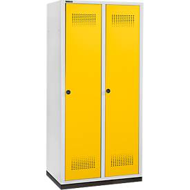 Schäfer Shop Genius Kleiderspind mit Sockel, 2 Abteile, 400 mm Abteilbreite, Sicherheitsdrehriegelverschluss, lichtgrau/rapsgelb