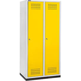 Schäfer Shop Genius Kleiderspind mit Sockel, 2 Abteile, 400 mm Abteilbreite, Zylinderschloss, lichtgrau/rapsgelb