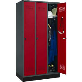 Schäfer Shop Genius Kleiderspind mit Sockel, 3 Abteile, 300 mm Abteilbreite, Sicherheitsdrehriegelverschluss, anthrazit/rubinrot